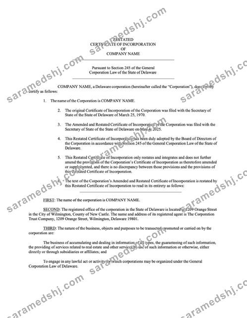 USA Delaware certificate of incorporation Word and PDF template, version 3